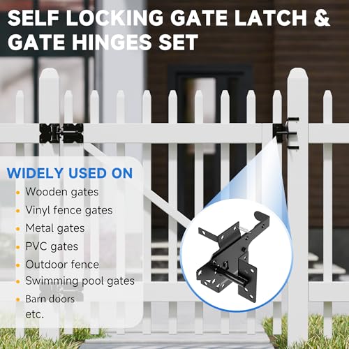 Self Closing Gate Hinge and Latch, Heavy Duty Self Locking Gate Hardware Kit for Wooden/Vinyl/PVC Fence Gate, Adjustable Gate Hinges and Post Mount Gate Latch, 2 Gate Latch 4 Gate Hinges