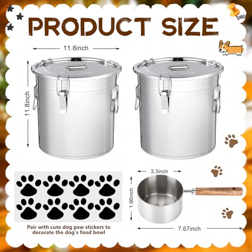 Lounsweer 2 Pack 5.5 Gal Stainless Steel Dog Food Storage Container with Lid and Locking Clamp 21 L Metal Airtight Container Large Stainless Steel Bucket with Food Scoop for Pet Feed - size: 21 L