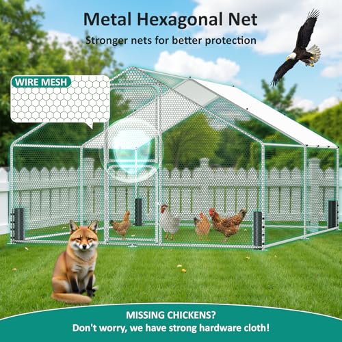 Large Metal Chicken Coop, Chicken Run with Feeding Door, Security Lock and Cover, Outdoor Walk-in Duck/Rabbit Cage Poultry Pen for Backyard, Farm, Yard (Silver - Spire Roof, 13.1 x 9.8 x 6.5 FT) - size: 157.4"L x 118.0"W x 78.7"H