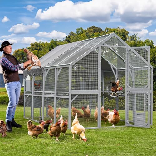 KEIKI 110"L Outdoor Large Chicken Coop with Waterproof Cover, Roosting Platform, Wire Mesh & 2 Lift Small Doors with Locks, Wood Chicken Coop House with Run for Cat Kitten Playpen, Duck, Rabbit, Quail - color: Grey, size: Large with Roosting Platform