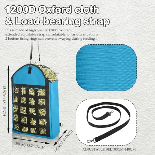 2 Pack Heavy Duty 1200D Oxford Slow Feeder Hay Bag with Large Opening for Horse, Goat, Donkeys, 13.78x7.45x18.1 Inch, Blue