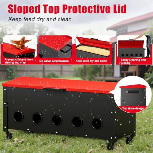 120lbs Automatic Chicken Feeder, Galvanized Steel with Wheels, 10 Feeding Ports & Weatherproof Lid, No Waste, Large Capacity Chicken Feeding Box for Hens, Ducks, Geese - color: 120lbs-Red