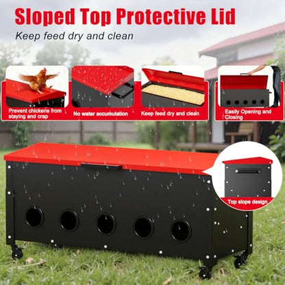 120lbs Automatic Chicken Feeder, Galvanized Steel with Wheels, 10 Feeding Ports & Weatherproof Lid, No Waste, Large Capacity Chicken Feeding Box for Hens, Ducks, Geese - color: 120lbs-Red