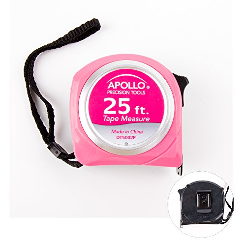 Apollo Tools Measuring Tape, 25 Foot Tape Measure with Retractable Blade, Fraction Markings, 1 Inch Nylon Blade, 8 Foot Standout, Lock Button and Belt Clip - Pink Ribbon - Pink - DT5002P - color: Red