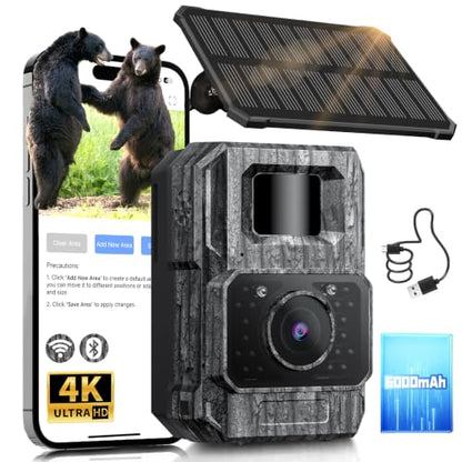 MAXDONE Solar Trail Camera 4K 64MP (MicroSD Card NOT Included), WiFi Bluetooth Game Camera with Motion Activated 6000mAh Rechargeable, Wildlife Cameras with Night Vision IP66 Deer Cams for Outdoor - color: Ink Gray
