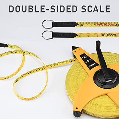 LAND 330FT/100M Heavy Duty Fiberglass Tape Measure - 1/2-Inch Wide, Dual Inch/Metric Scale, Durable Open Reel Measuring Tape for Surveying, Engineering, Runway Construction - size: 100 m