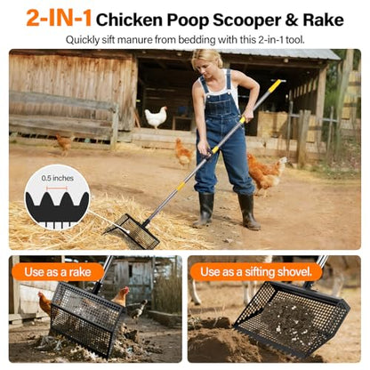 AsFrost 2-in-1 Chicken Poop Scooper & Rake,12" Heavy Duty Litter Scooper Sand Sifting Shovel for Chicken Coop & Pet Waste Cleaning, Adjustable 26" to 76" Stainless Steel Handle for Small Farm & Sand