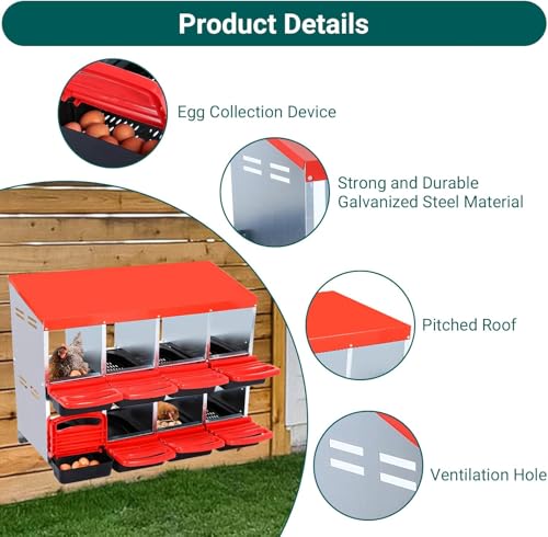 Chicken Nesting Boxes, 8 Compartments Metal Hens Egg Laying Box with Roll Away Egg Collection Tray and Perch, Wall Mountable Chicken Laying Box Nesting Boxes for Chickens- Red Without Legs