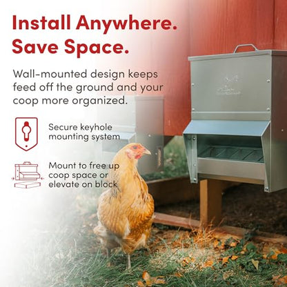 RentACoop Metal Trough Feeder with Lid & Rain Cover – Galvanized Steel, Gravity-Fed, Side View Window, Adjustable Grate for Easy Cleaning – Suitable for Chickens, Ducks, Poultry & More – 25lb Capacity - size: 25LB Capacity