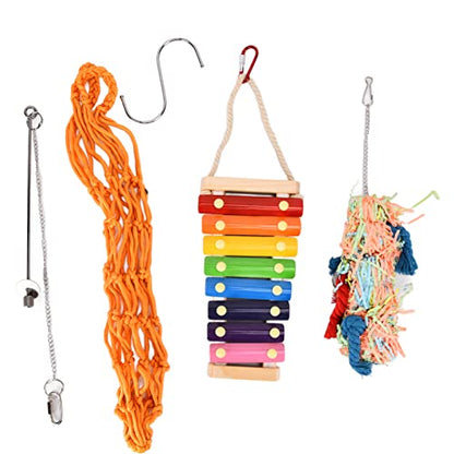 Chicken Toys 4 Pack | Xylophone & Hanging Feeder for Parrots/Ducks/Macaws | Colorful Chewing Toys & Net Bag with S Hooks | Alleviate Boredom in Coops