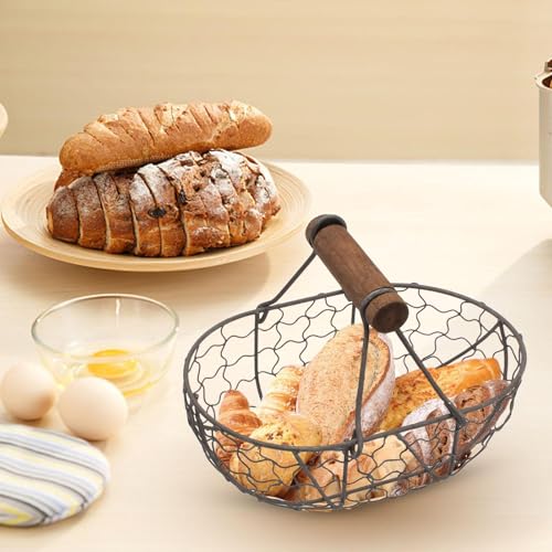 Eggs Collecting Basket With Handle - Wire EggBasket For Gathering FreshEggs, Small Metal EggCollectingBasket, Vintage Style Countertop EggStorage Basket, Holder Fruit Bin, Can Hold 12Eggs