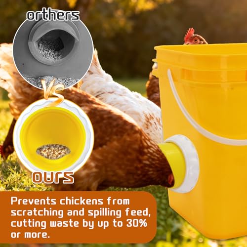 DIY Chicken Feeders 4 Ports Yellow No Waste | Automatic Rain Proof, Poultry Feeder Kit, Includes 1 Hole Saw, for Buckets Barrels Bins Troughs - color: Yellow