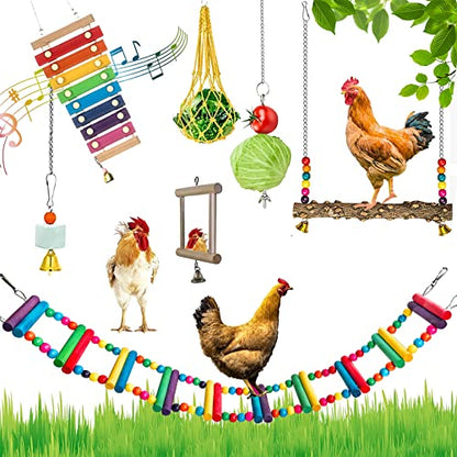 FANFX 7 Packs Chicken Toys Set, Chicken Xylophone Toys for Hens, Chicken Bridge Swing Toys, Chicken Mirror Toys,Chicken Pecking Toys and Vegetable Hanging Feeder for Chicken Coop