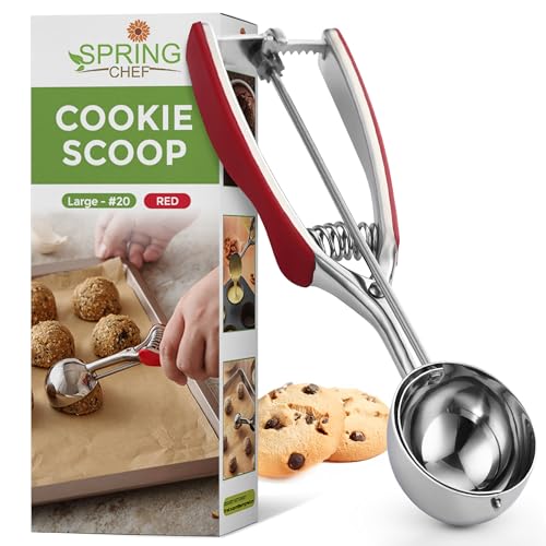 Spring Chef Red Large Stainless Steel Cookie Scoop for Baking - Multifunctional #20 Melon Baller with Trigger Release, 2.93 Tbsp Food Scooper for Ice Cream - Dishwasher Safe Cookie Dough Scoop - color: Red, size: #20 - Large - 2.93 Tbsp