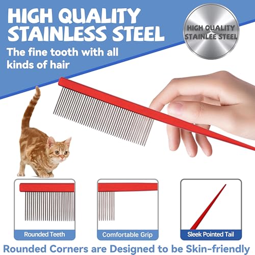 Grooming Pet Comb Rat Tail Dematting Cat and Dog Comb，Rounded Ends Design for Safe Tangle Removal, Hairstyling, Massage，Loose Hair Removal，Prevent Irritation，Fluffing Paws,Face,Tail,Remove Tear Stain - color: Red