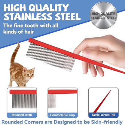 Grooming Pet Comb Rat Tail Dematting Cat and Dog Comb，Rounded Ends Design for Safe Tangle Removal, Hairstyling, Massage，Loose Hair Removal，Prevent Irritation，Fluffing Paws,Face,Tail,Remove Tear Stain - color: Red