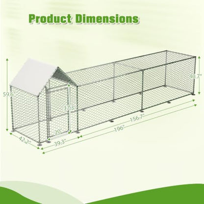 Large Metal Chicken Coop 196×42×59" Heavy-Duty Galvanized Steel Chicken Run Fence,Hens Pen with Waterproof and UV-Proof Cover,Poultry Cage with 156" in Length Tunnel for Outside，for Ducks,Rabbits - size: 196.0"L x 42.2"W x 59.6"H
