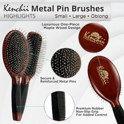 Kenchii Pet Grooming Metal Pin Brush | Solid Wood, Non-Slip Grip Detangling and Shedding Tool for Long or Short Haired Pets - Large Oblong Size - size: Oblong