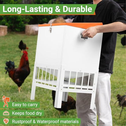 Chicken Feeder with Grille, 85LBS No Waste Chicken Feeder with 22 Ports, Powder-Coated Steel Feeder w/Waterproof Lid and Stainless Handles, 18”L x 15.1”W x 29.5”H - size: 85LBS