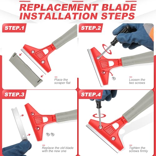 Floor Scraper Long Handle Heavy Duty (30"-58" Adjustable), 4 Inch Razor Blade Scraper Tool for Cleaning Floor Wall Glass Tile Paint Sticker Gum, 10 Extra Blades