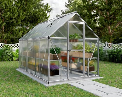 Palram - Canopia 6x10 Greenhouse Kit, Hobby Walk-In Twin-Wall UV Polycarbonate Heavy Duty Aluminum Frame, Lockable Door, Adjustable Roof Vent, Rain Gutters, Galvanized Steel Base, Mythos (Silver) - color: Silver, size: 6 Ft. x 10 Ft.