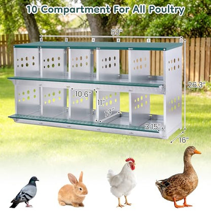Yafylly 10-Bay Metal Nesting Box for Chickens & Ducks, Wall Mounted Galvanized Steel Coop with Ventilation and Easy Egg Collection