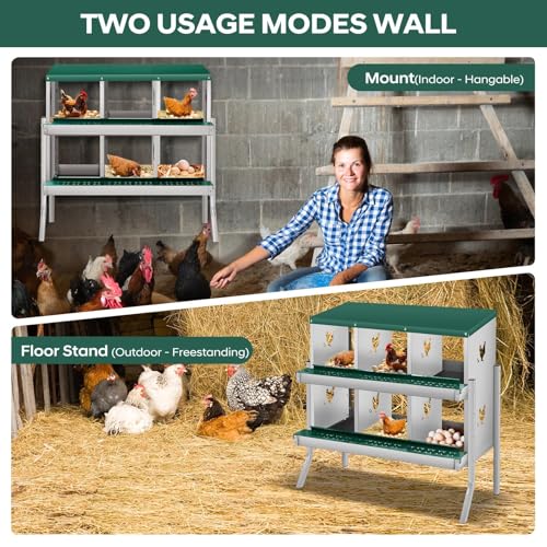6-Compartment Chicken Nesting Box, Heavy Duty Galvanized Steel Poultry Nest Box, Wall Mount/Freestanding Design for Hens, Ducks, Backyard Homesteads & Farm Use, Dark Green, 10 Mats &4 Eggs, With Stand - color: Dark Green, size: 6 Room&Mat eggs