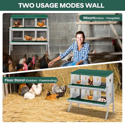 3-Compartment Chicken Nesting Box, Heavy Duty Galvanized Steel Poultry Nest Box, Wall Mount/Freestanding Design for Hens, Ducks, Backyard Homesteads & Farm Use, Dark Green, 10 Mats &4 Eggs, With Stand - color: Dark Green, size: 3 Room&Mat eggs