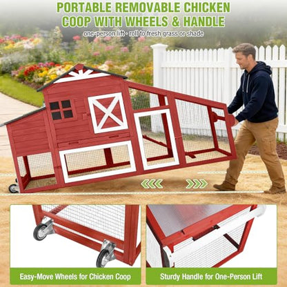 GUTINNEEN Chicken Coop with Wheels for 2-4 Chickens, Large Wooden Outdoor Hen House with Run, Waterproof & UV-Resistant Roof, Removable Leakproof Tray and Divided Nesting Box– Red - color: (Red-AIR32)