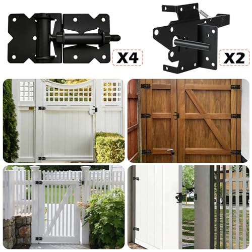 Heavy Duty Self-Closing Gate Hinge and Latch Kit, Self-Locking Hardware for Wooden, Vinyl, and PVC Fences, Adjustable Hinges & Post Mount Latch, Includes 2 Latch & 4 Hinges - size: 4 Gate Hinges with 2 Self Locking Gate Latch