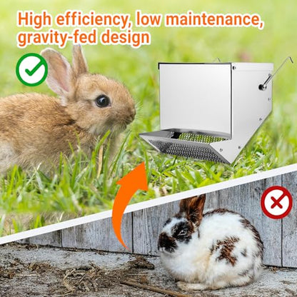 Rabbit Feeders Automatic for Cages,3.5 Pound Metal Trough Feeder with Water Bottle Galvanized Steel Outdoor Bunny Food Dispenser for Rabbits Chicken Guinea Pig Pet and Other Small Animals