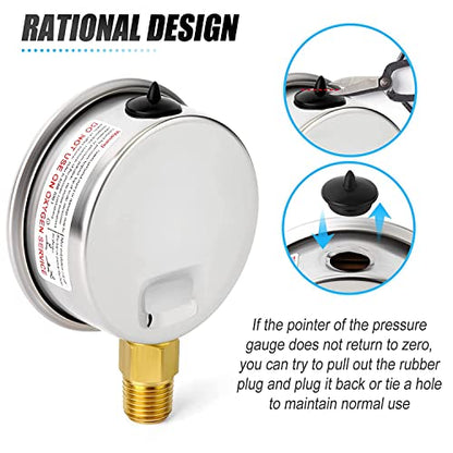 MEANLIN MEASURE 0~15Psi Stainless Steel 1/4" NPT 2.5" FACE DIAL Liquid Filled Pressure Gauge WOG Water Oil Air Lower Mount (Pack of 2), with 1/2" NPT and 3/8" NPT Hex Bushing - size: 0-15Psi (2Pcs)