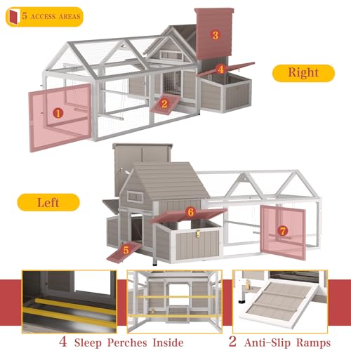 83" L Large Chicken Coop and Run, Hen House with 4 Nesting Box Boxes, Rabbit Hutch Poultry Bunny Cage for 2-5 Chickens with 4 Perches, Removable Tray and Ramp