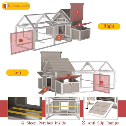 83" L Large Chicken Coop and Run, Hen House with 4 Nesting Box Boxes, Rabbit Hutch Poultry Bunny Cage for 2-5 Chickens with 4 Perches, Removable Tray and Ramp