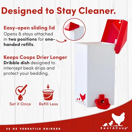 RentACoop 32oz (1 Liter) Chicken Drinker with 2 Versatile Nipples - Ideal for Baby Chicks, Quail, Small Birds, and Ducklings - Easy-to-Use Chicken Waterer Solution - Ideal for Coops and Cages