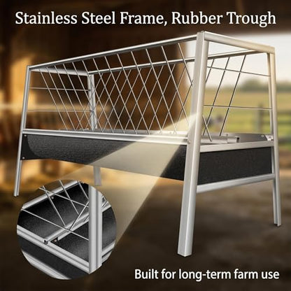 77 Gallon Hay Feeder, Stainless Steel Goat Feeder for Goats Sheep Calves and Horses, Anti-Waste Goat Feeder with Rubber Trough Livestock Feeder