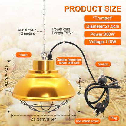 Hanging 350 Watt Heat Lamp for Chickens with Carbon Fiber Bulb for Indoor&Outdoor Used with Two-Temperature Adjustable for Chicks, Duck, Pet House, Poultry Professional Waterproof Heater (350 Watt) - size: 350 Watt