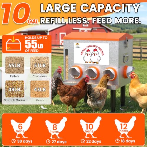 10-Gal 55LB Metal Chicken Feeder with Window, Dual No-Waste Design, Automatic Large Chicken Feeder for Outdoor Coops, Rust-Proof Alloy Steel Poultry Feeder with Adjustable Legs