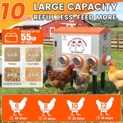 10-Gal 55LB Metal Chicken Feeder with Window, Dual No-Waste Design, Automatic Large Chicken Feeder for Outdoor Coops, Rust-Proof Alloy Steel Poultry Feeder with Adjustable Legs