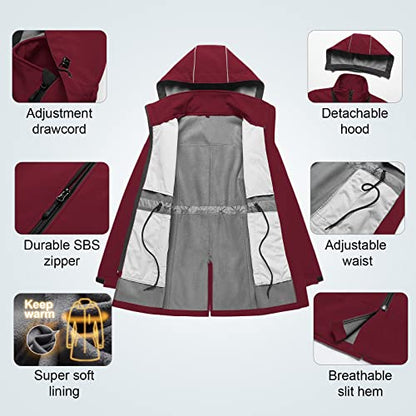 CREATMO US Women's Lightweight Waterproof Long Softshell Tactical Jacket Fleece Lined Windbreaker - color: Burgundy, size: X-Large