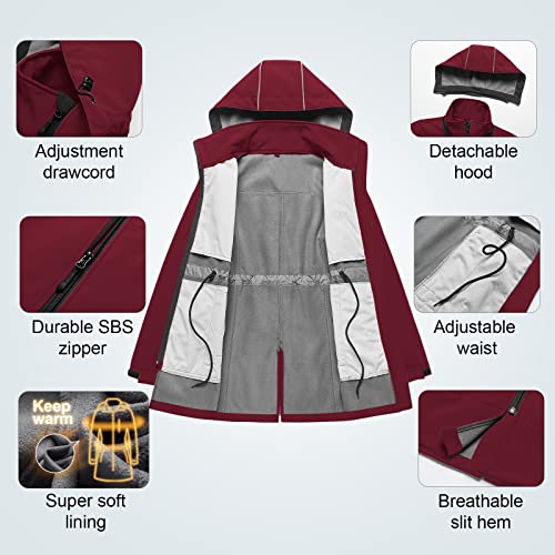 CREATMO US Women's Lightweight Waterproof Long Softshell Tactical Jacket Fleece Lined Windbreaker - color: Burgundy, size: Large