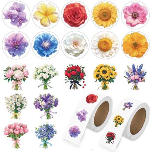 1000 Pcs Flower Stickers for Boys Girls School Students. 2 Roll 1 Inch Leaf Plant Stickers Bulk .Floral Scrapbook Nature Sticker Packs for Water Bottles Phone Case Laptop - color: Flower Stickers