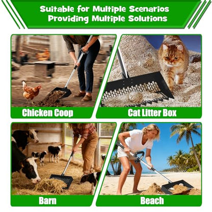 Chicken Poop Scooper & Rake 2-in-1 – 12 Inch Shovel Head & 3-Angle Adjustable Stainless Steel Handle, Chicken Litter Scoop and Coop Rake & Sand Sifting Shovel for Chicken Coops, Black - color: Black