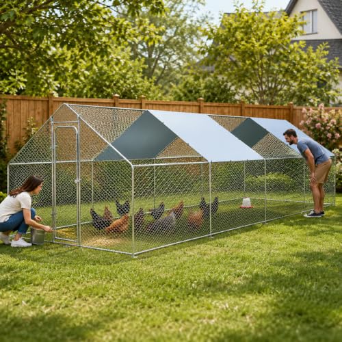 Large Metal Chicken Coop for 40-45 Chickens, Walk-in Chicken Run, Chicken Pen Outdoor W/Cover, Waterproof & Anti-UV, 26.3' D x 9.8' W x 6.4' H, Wire Mesh Poultry Cage for Yard #LYJL08JD-US - size: 315.6"L x 117.6"W x 76.8"H, style: Spire Roof