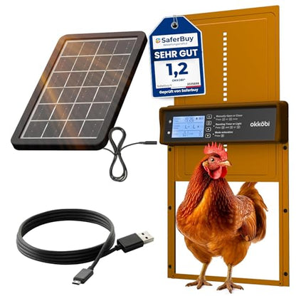 Okkobi Automatic Chicken Coop Door Solar Powered - Poultry Coop Door with Remote Control, Timer & Light Sensor - LCD Display - Anti-Pinch Function - 5-Year Protection - Brown - color: Rustic Brown