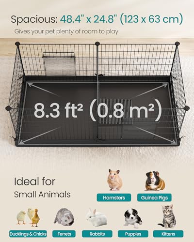 SONGMICS Guinea Pig Cages, Metal Grid Small Animal Playpen with Waterproof Washable Liner, 2 Separate Spaces for Rabbits, Ferrets, Bunnies, Hedgehogs，48.4 x 24.8 x 18.1 Inches, Black ULPI07H - color: Black, size: 48.4"L x 24.8"W x 18.1"H, style: 7 Panels