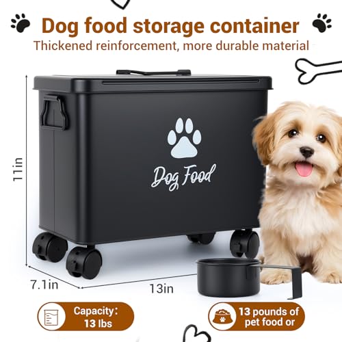 Dog Food Container 13lb, Cute Airtight Pet Food Storage Containers with Metal Lid Scoop, Black Metal Storage Bin for Dog/Cat with Wheels,Easy to Move - color: Black-L
