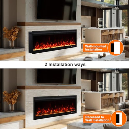 42 Inch Smart Wall Mount & in Wall Recessed Electric Fireplace Insert,App Control, Multi Colors of Flame & Fuel Bed,Timer & Thermostat & Low Noise,750W/1500W Indoor Heater, Black - size: 42 Inch WiFi