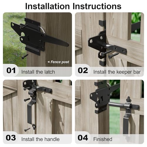 Gate Latch for Wooden Fence, Heavy Duty Self Locking Gate Latch with 9" Handle for Pool/Garden Gate Safety Latch, Gate Hardware Kit for Vinyl/Wood Fence, Black Finish (1, Black)