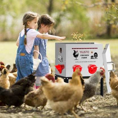 40LB Automatic Chicken Feeder with 6 Ports, Heavy Duty Metal No-Waste Poultry Feeder, Rustproof & Weatherproof Design with Adjustable Legs & Locking Lid